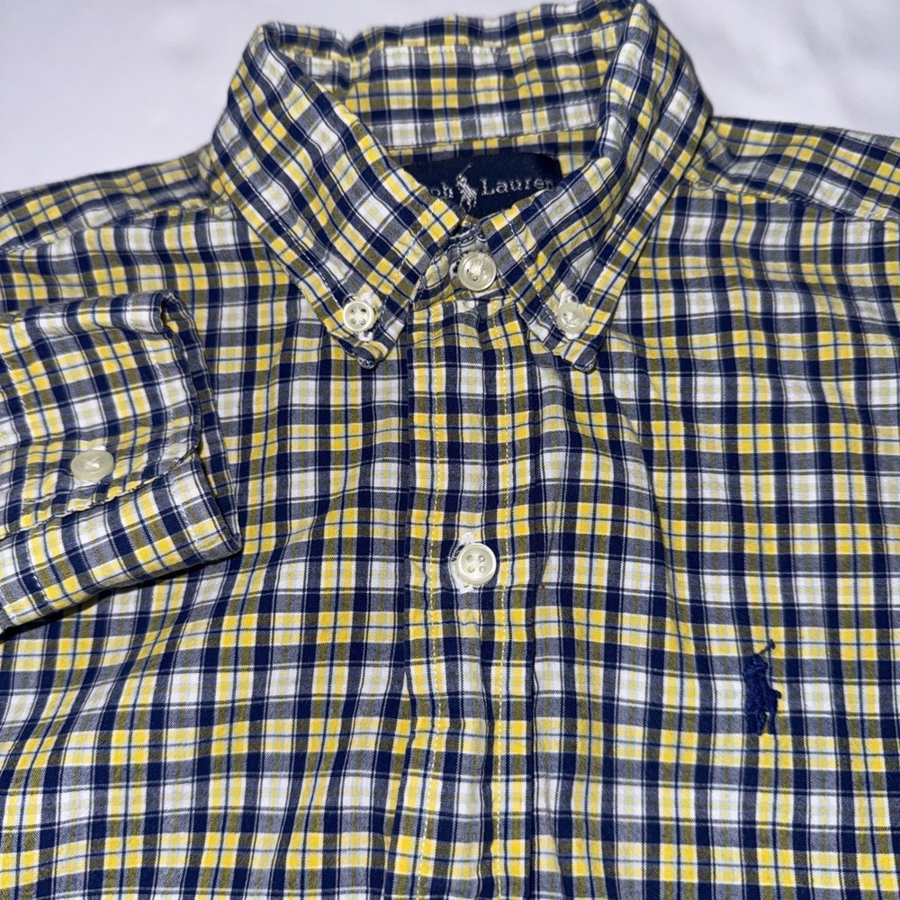 Ralph Lauren Boys' Yellow And Blue Plaid 100% Cotton Button Down Shirt Size‎ 7